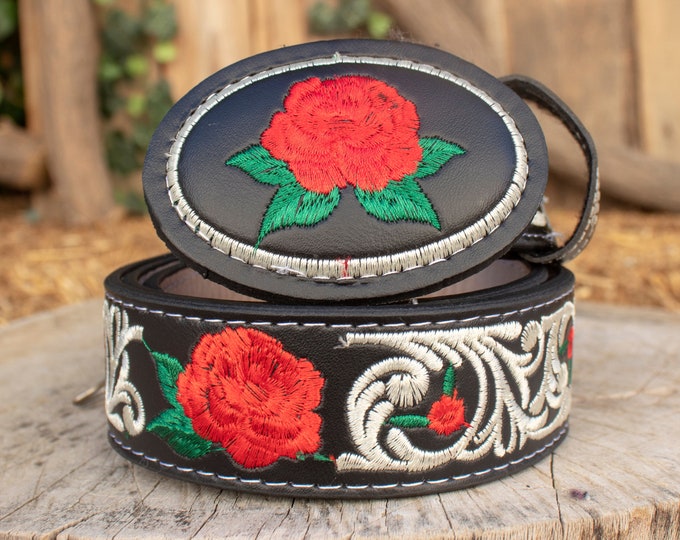 WOMENS ROSE EMBROIDERED Western cowgirl cowboy leather belt