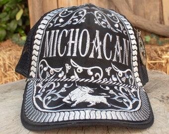 MICHOACAN Mexico BULL Toro stamped embroidered western rodeo HAT adjustable trucker mesh cap