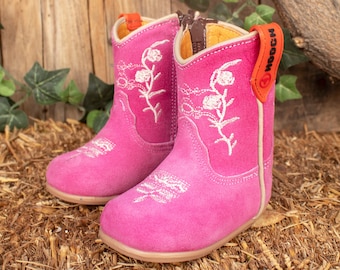 Girls BABY PINK ROSE leather embroidered round toe leather cowboy cowgirl boots