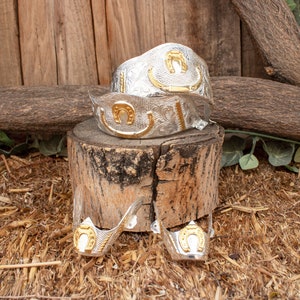 May include: Two silver and gold cowboy boot spurs with horseshoe designs. The spurs are on a wooden stump with a brown background.