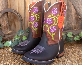 GIRLS TODDLER YOUTH Purple rose embroidered western square toe leather cowboy boots