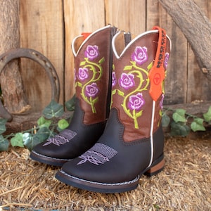 GIRLS TODDLER YOUTH Purple rose embroidered western square toe leather cowboy boots image 1