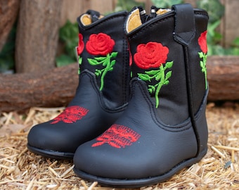 Girls BABY EMBROIDERED ROSE round toe leather cowgirl cowboy boots