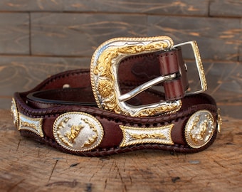 Mens LEATHER CONCHO WESTERN cowboy rodeo belt