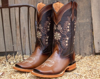 WOMENS COWGIRL cowboy rustic 2-tone brown square toe leather BOOTS