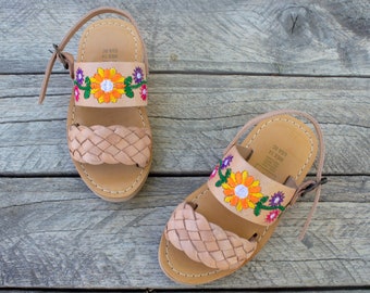 GIRLS WALKER TODDLER sunflower floral embroidered open toe leather huarache sandals