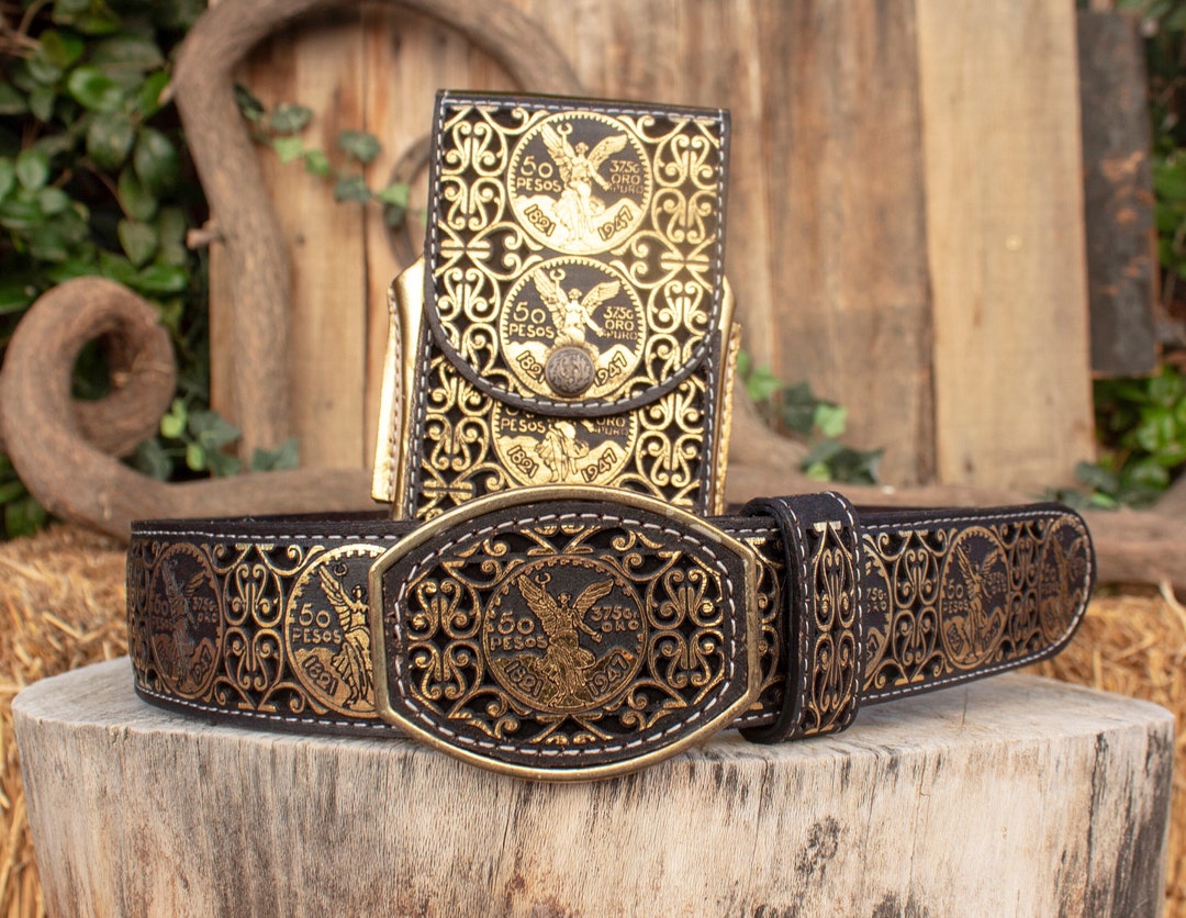 Mens LASER ENGRAVED LEATHER El Centenario Belt 50 Pesos With