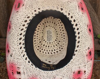 Chapeau Western Paille Tony Lama - Femme - Taille 7 - Bordure Rose - Fabriqué Au Mexique