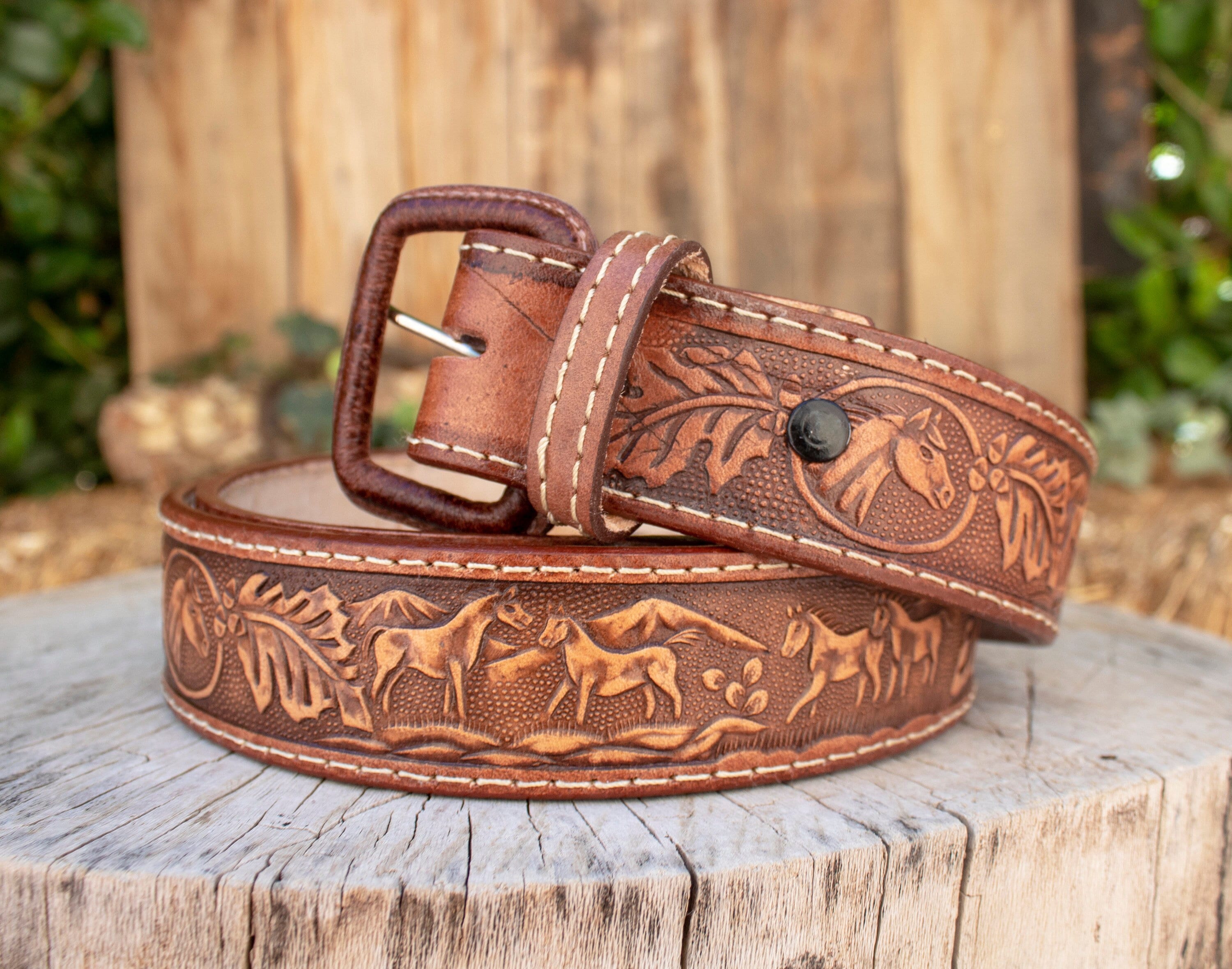 Ceinture Cuir Marron Homme Motif Feuilles Et Chevaux - 40 Pouces Boucle Western
