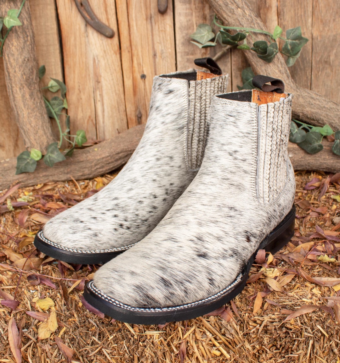 Mens COW HAIR Leather COWBOY Rodeo Square Toe Half Boots Botines Pelo ...