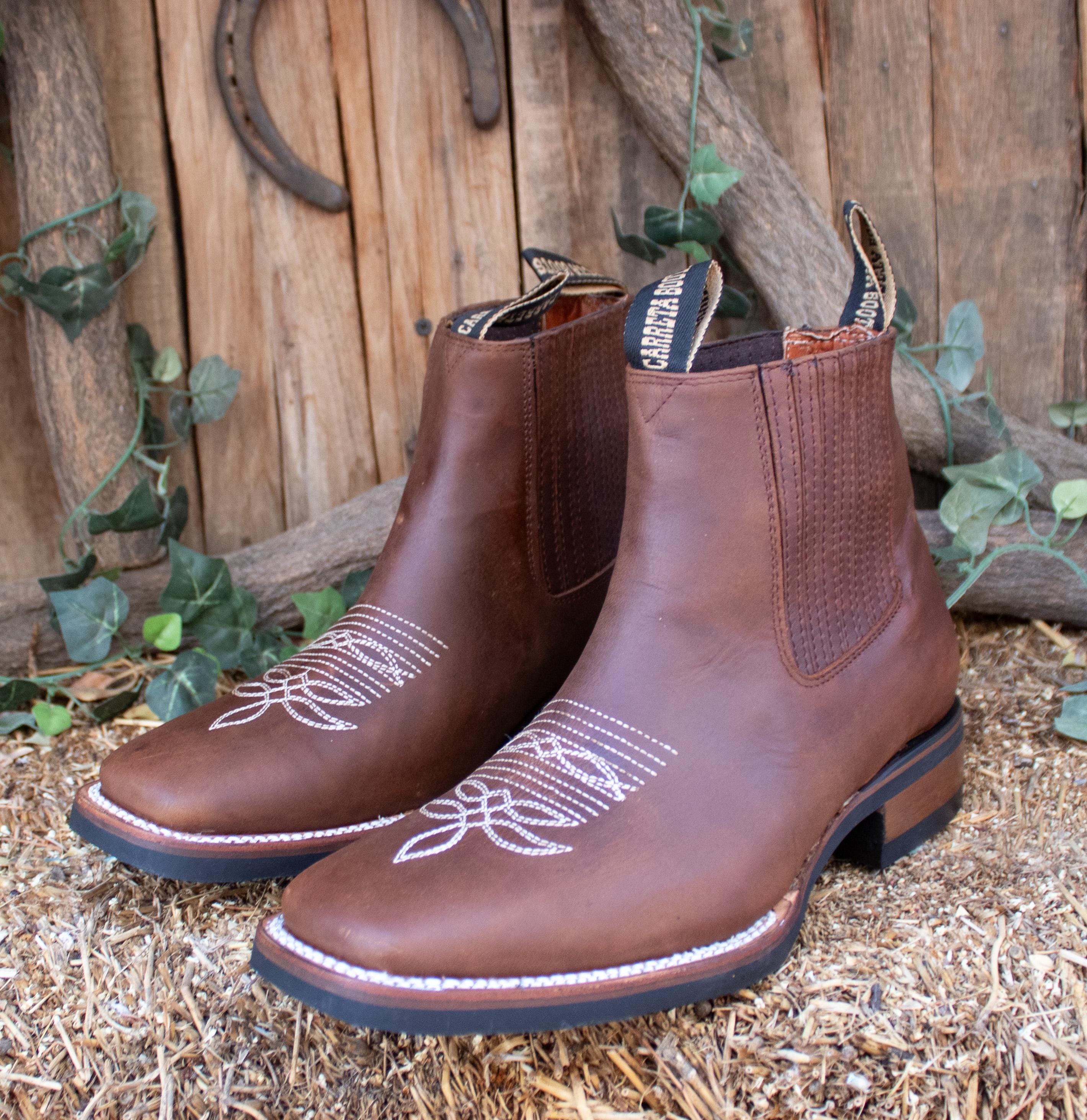 Mens LEATHER Cowboy Square Toe Light Brown Ankle Half Boots  display picture 1