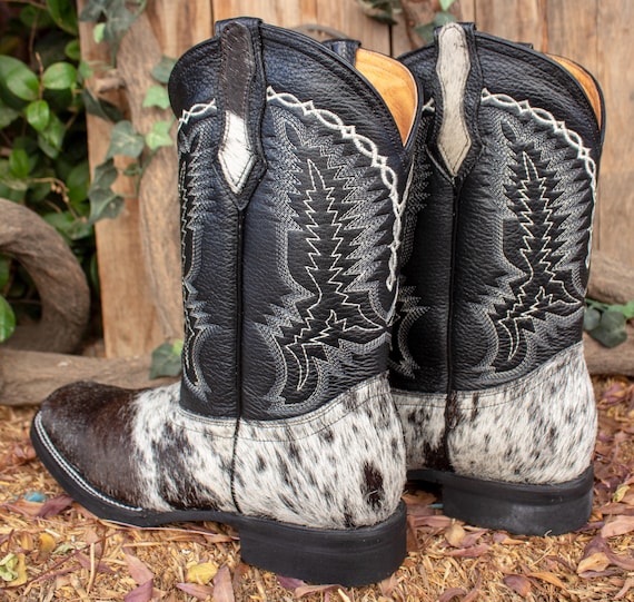 MENS Black White Authentic COW HAIR Leather Cowboy Western Square