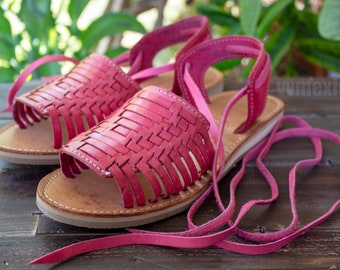 Womens pink LEATHER Open toe lace up flat huarache MEXICAN SANDALS