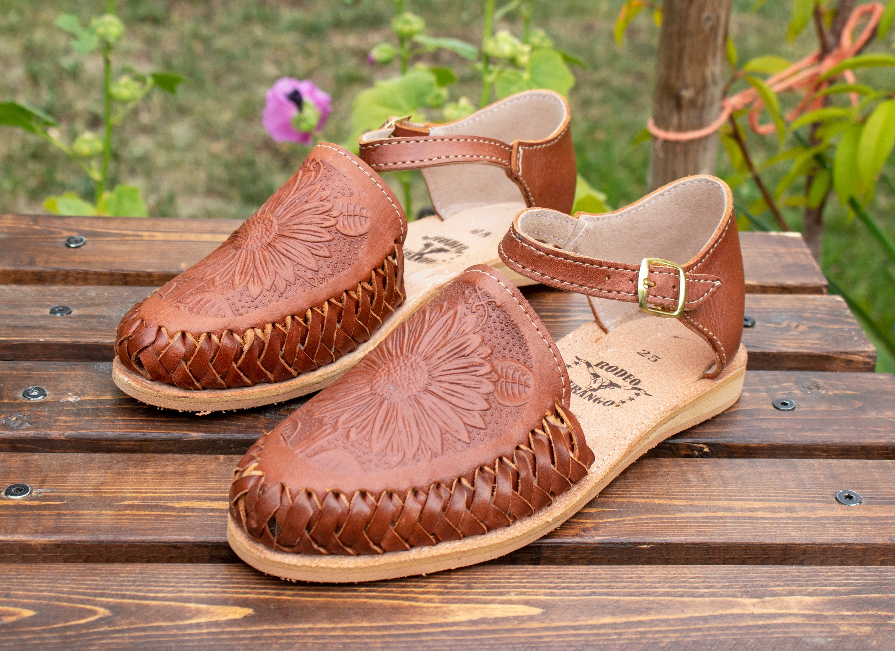 WOMENS SUNFLOWER STAMPED Brown Leather Shoe Huarache Mexican