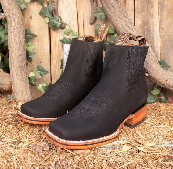 MENS LEATHER COWBOY Nubuck Rodeo Square Toe Half Boots Botines - Etsy