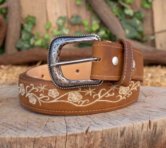 [RRACE] / ☆ Cow Leather Western Belt / Brown WOMENS ROSE EMBROIDERED Western Cowgirl Cowboy Leather Belt