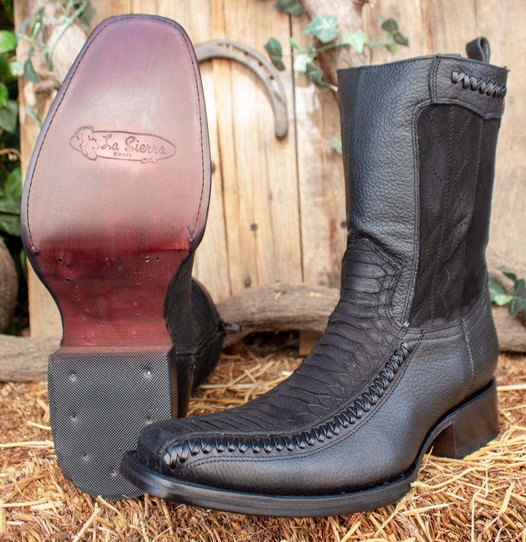 MENS Black PYTHON Snake Faux Leather Suede Square Toe Cowboy Western ...