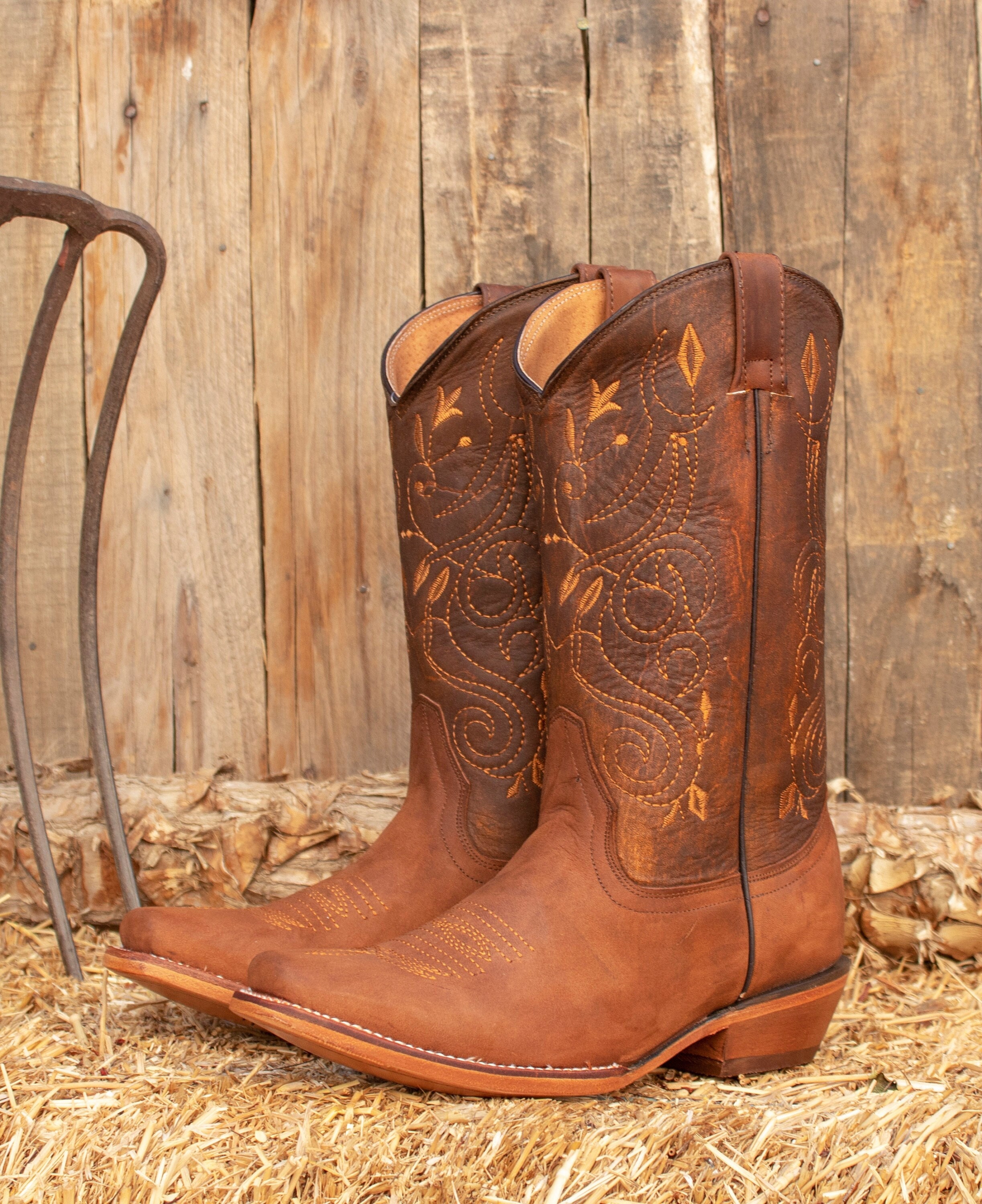 WOMENS COWGIRL Cowboy Square Toe Rustic Leather Western Embroidered BOOTS 