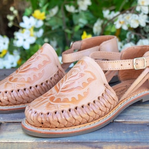 WOMENS MEXICAN SANDALS leather rose stamped shoe huarache