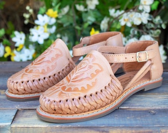 WOMENS MEXICAN SANDALS leather rose stamped shoe huarache