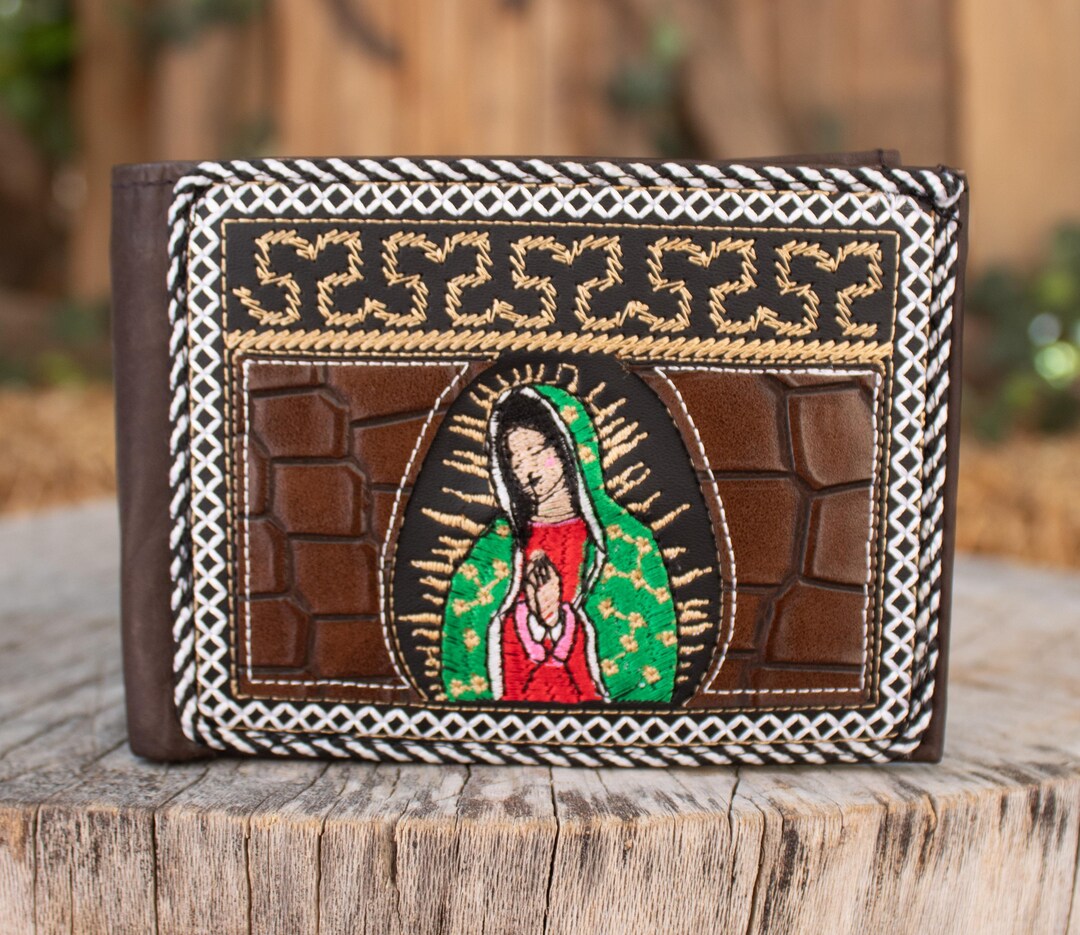 Virgen De GUADALUPE Virgin Mary EMBROIDERED Bi-fold Leather Wallet