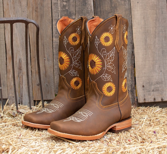 WOMENS COWGIRL Cowboy Square Toe Leather Sunflower Embroidered BOOTS 