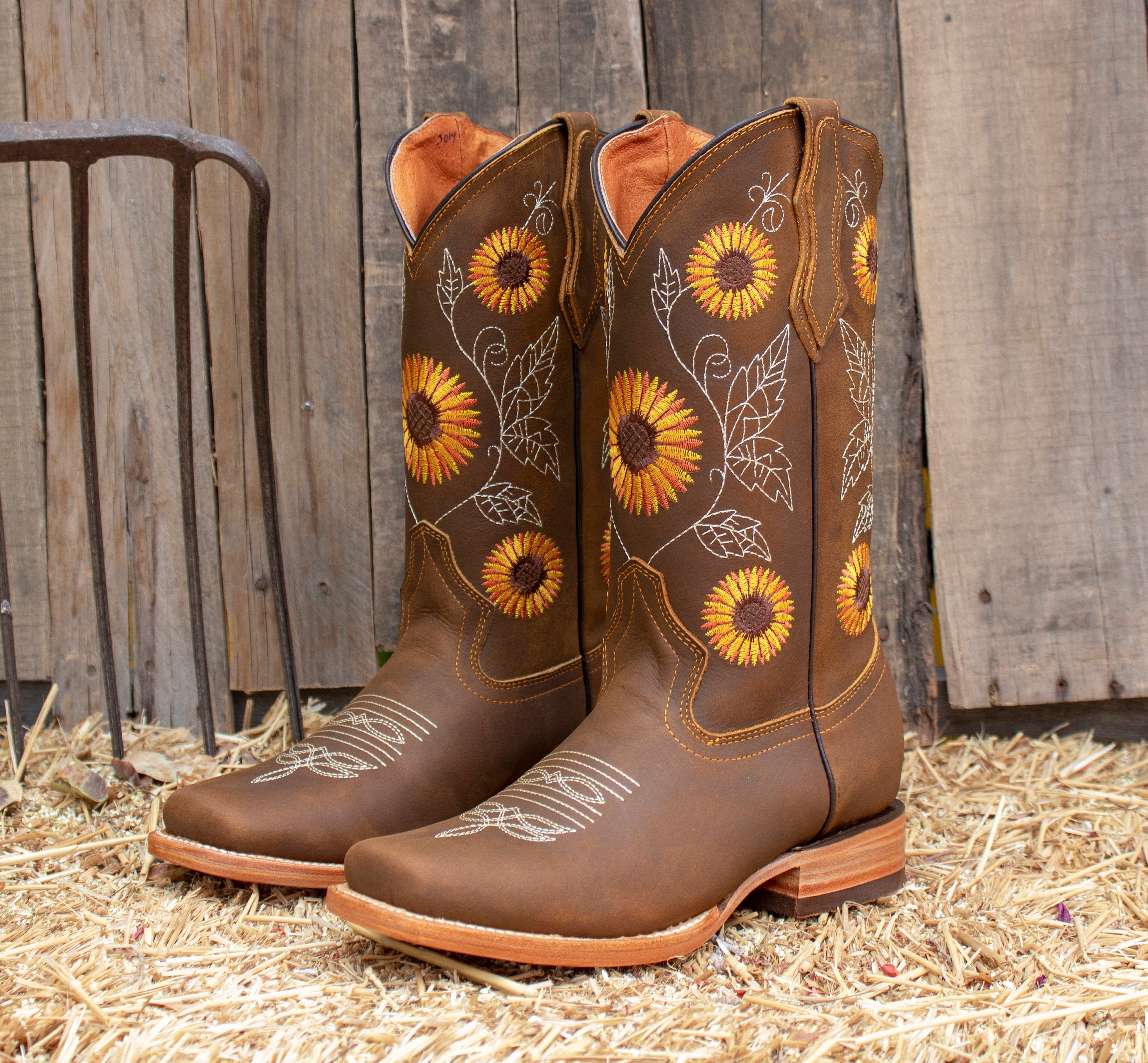 WOMENS COWGIRL Cowboy Square Toe Leather Sunflower Embroidered