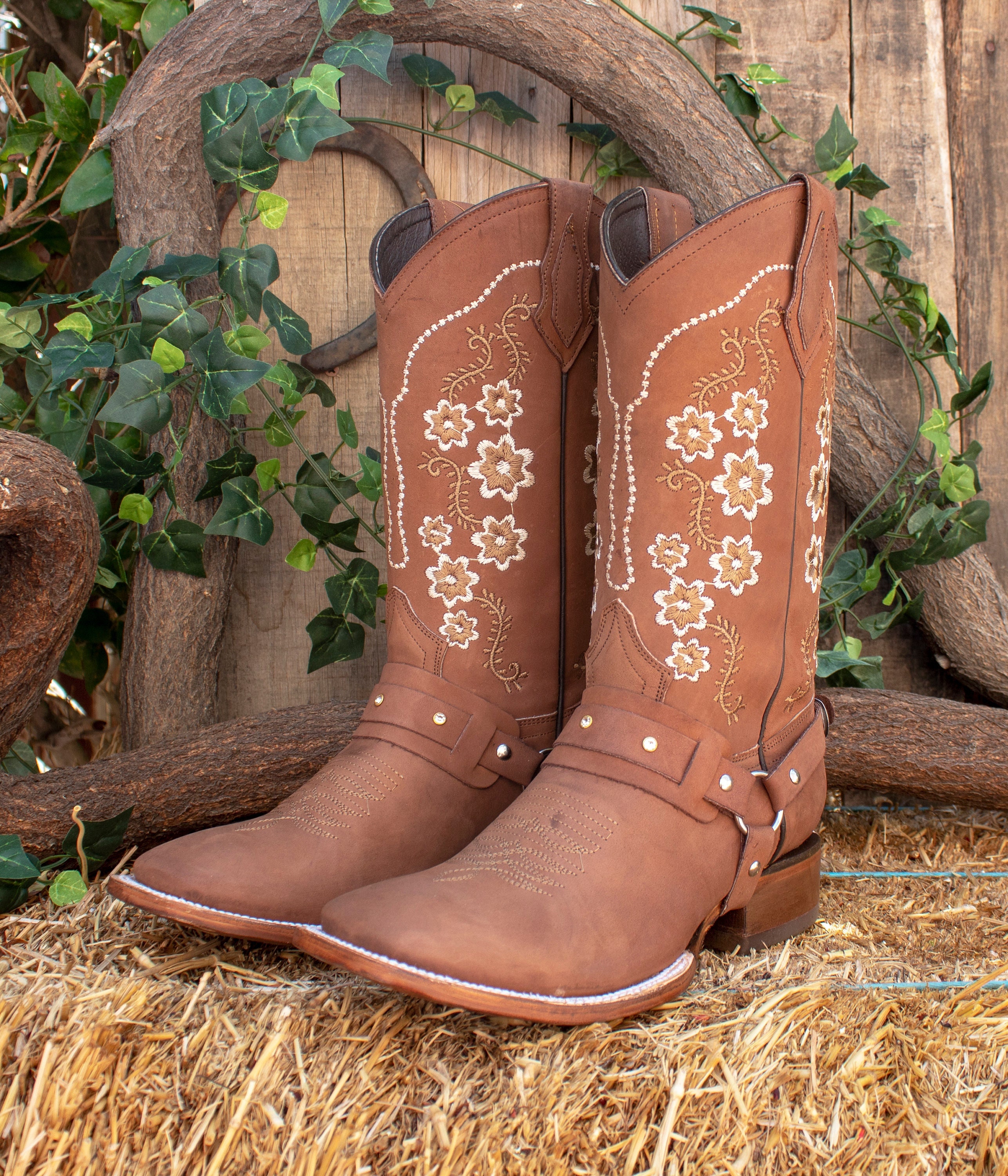 WOMENS COWGIRL Cowboy Square Toe Leather Flower Embroidered