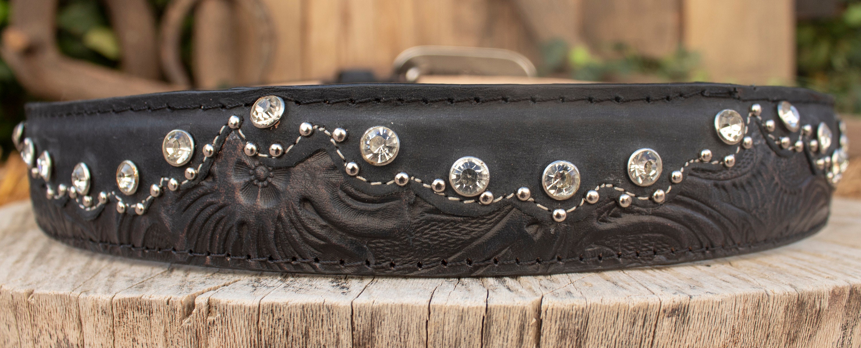 Womens HAND TOOLED LEATHER Rhinestone Western Cowgirl Cowboy 