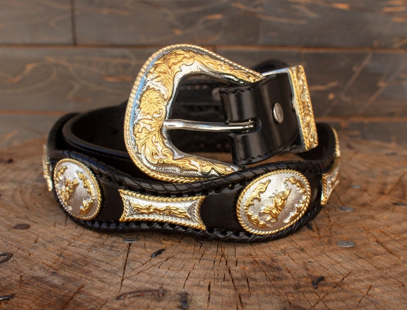 Mens LEATHER CONCHO WESTERN cowboy rodeo black belt image 1