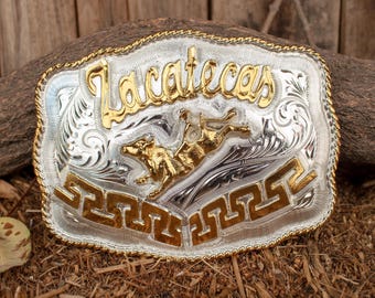 ZACATECAS BULL RIDER Engraved Cowboy Western Alpaca Belt Buckle