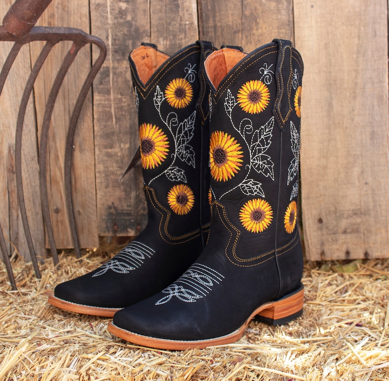 WOMENS COWGIRL square toe leather sunflower embroidered BOOTS Etsy