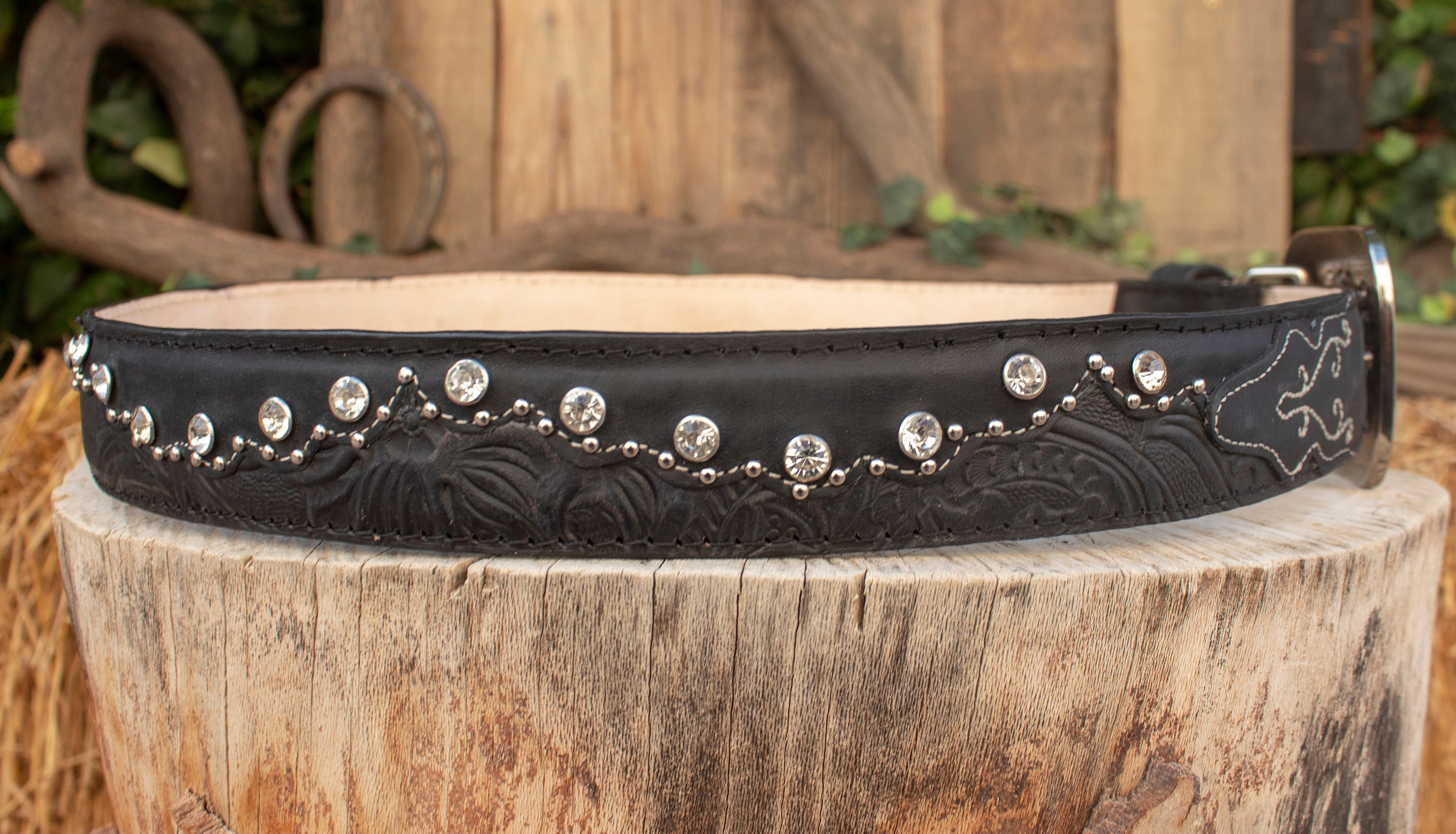 Womens HAND TOOLED LEATHER Rhinestone Western Cowgirl Cowboy 