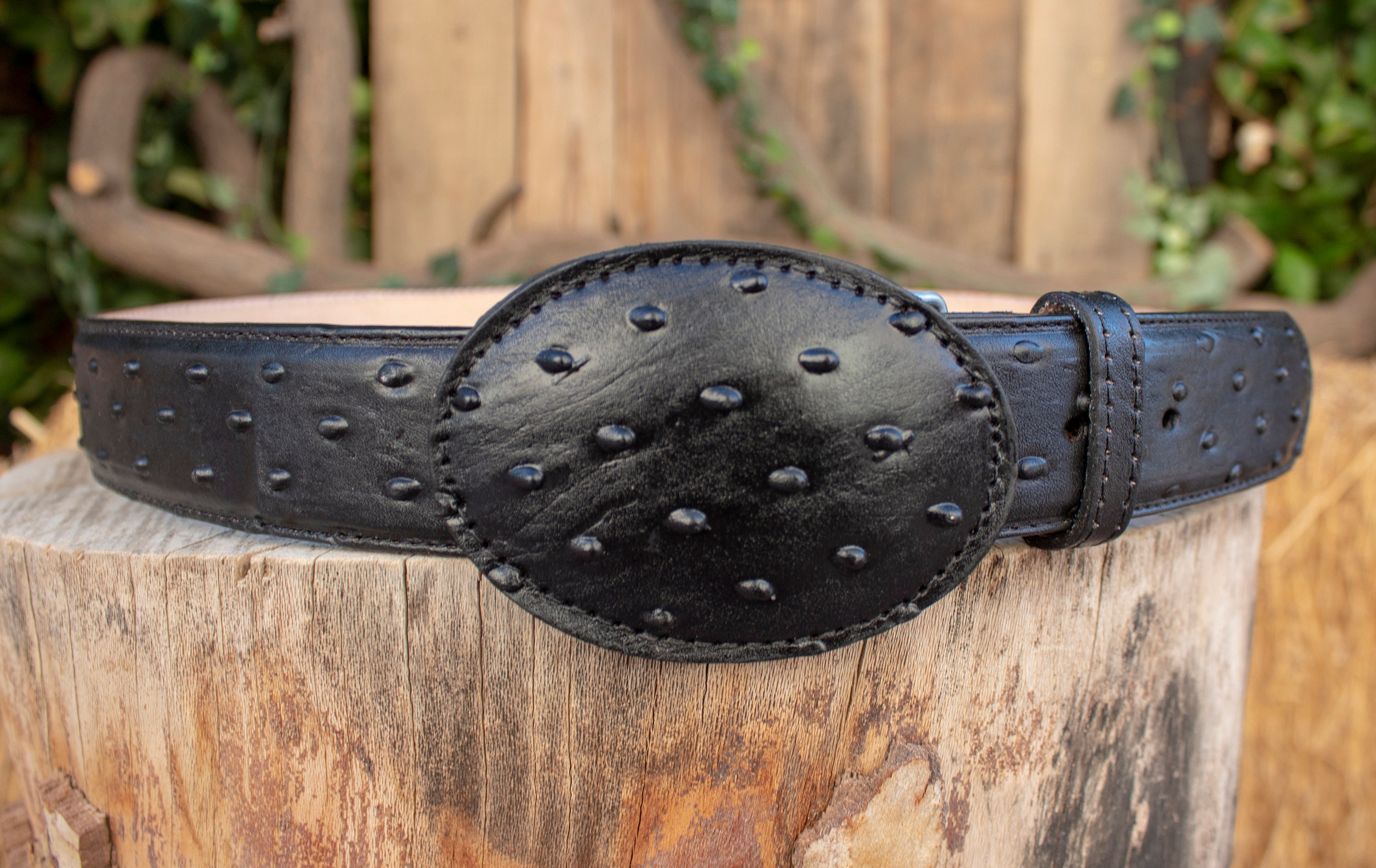 Mens Black Faux OSTRICH LEATHER WESTERN Buckle Cowboy Rodeo  display picture 1