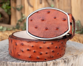 Cognacbruine western cowboyriem imitatie struisvogelleer met bijpassende gesp Avestruz grabado