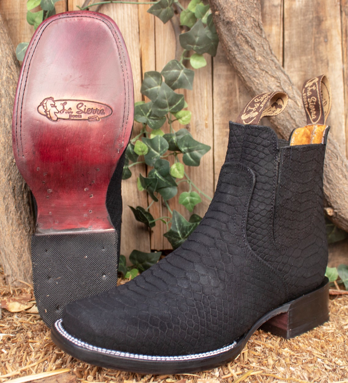 MENS LEATHER COWBOY Nubuck Suede Snake Skin Faux Square Toe Half Boots ...