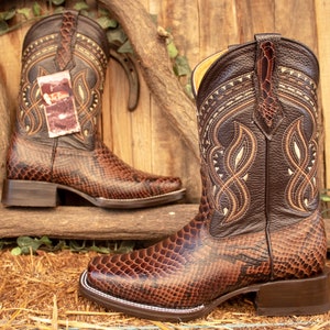 MENS Brown PYTHON Snake Faux Leather Square Toe Cowboy Western Rodeo ...