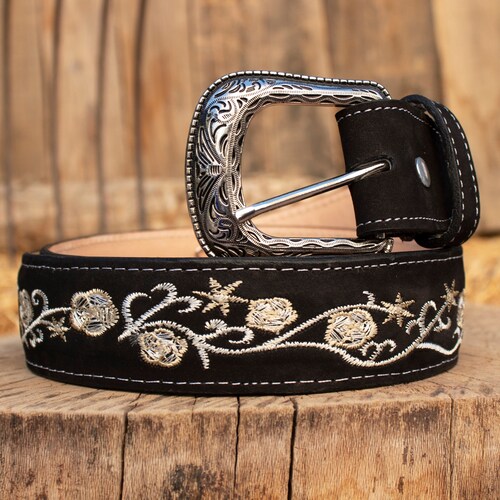 Western cowgirl buckle Leather Belt medium 31” - 35” size Resistance Women Western Leather Belt with Floral Engraved  main image 4