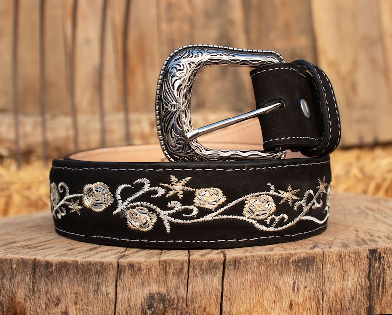 WOMENS BLACK rose EMBROIDERED Western cowgirl cowboy leather belt cinto image 1