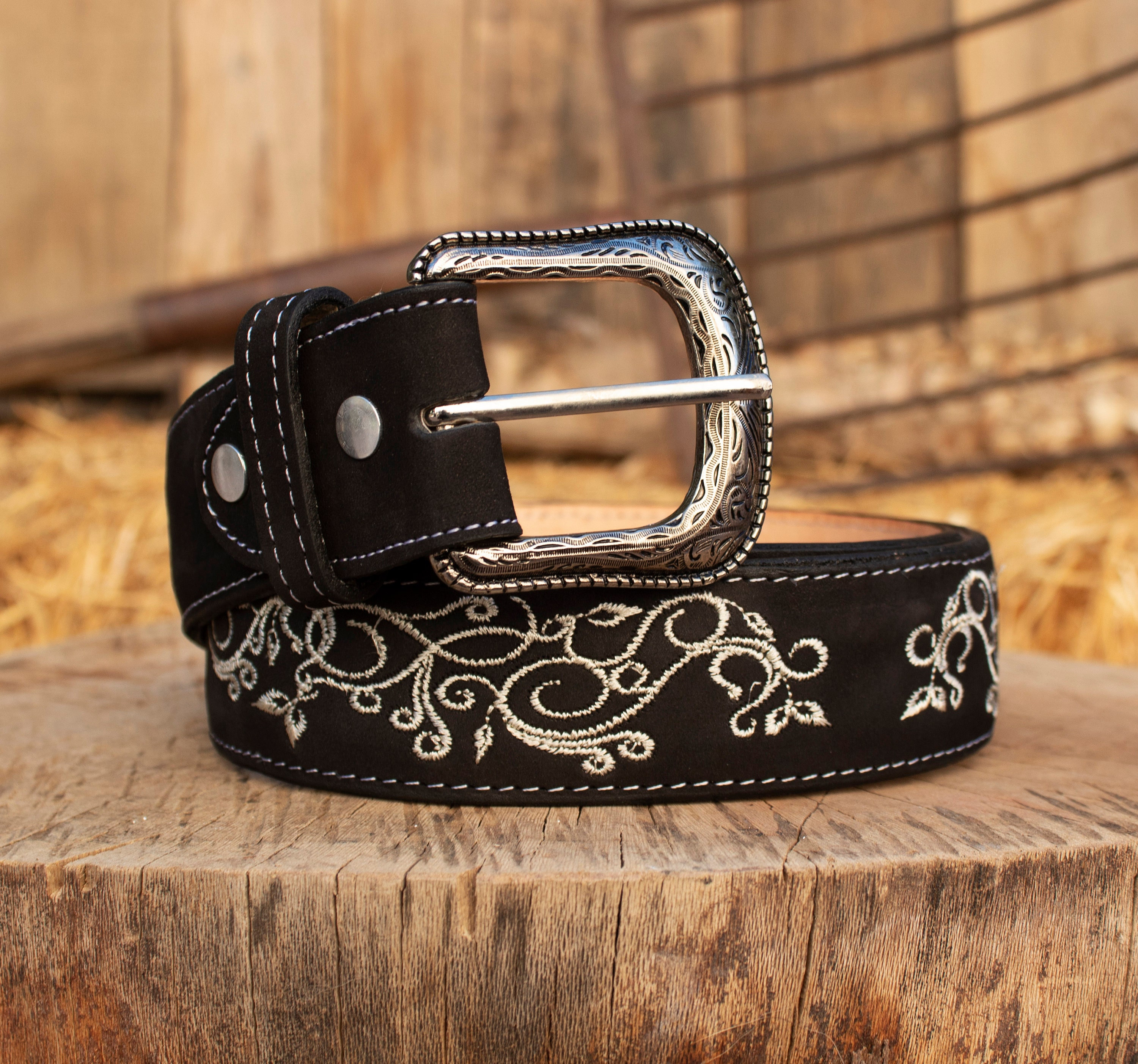 WOMENS BLACK EMBROIDERED Western Cowgirl Cowboy Leather Belt Cinto