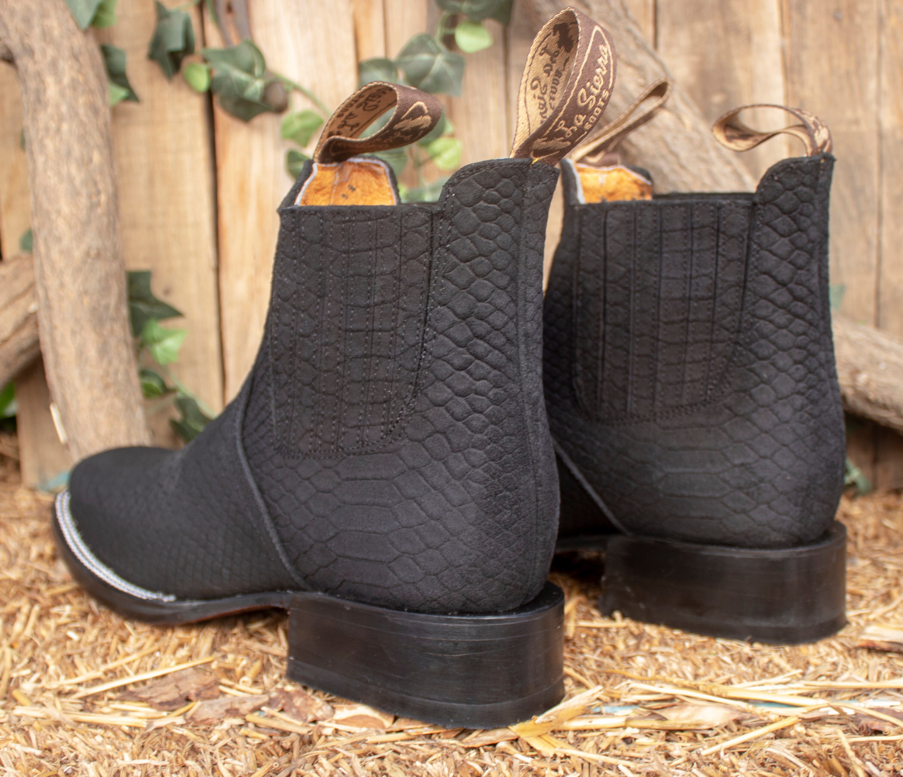 MENS LEATHER COWBOY Nubuck Suede Snake Skin Faux Square Toe Half Boots ...