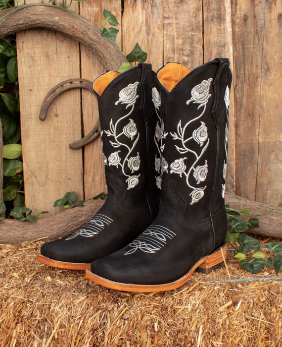 WOMENS COWGIRL Cowboy Square Toe Leather Rose Embroidered BOOTS - Etsy