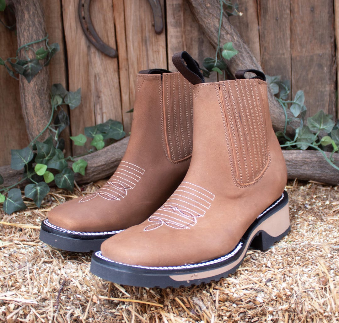 MENS Nubuck LEATHER COWBOY Square Toe Ankle Half Boots With Rubber Sole ...