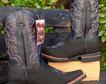 Stivali Western Uomo/donna Stivali Da Cowboy Western - Punta Quadrata Larga Con Incisioni Argento, Nuovi Con Etichette Stivali Cowboy Western