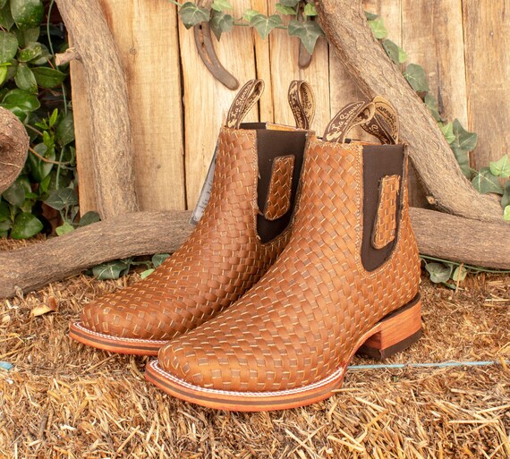 MENS LEATHER COWBOY Tan Handtooled Square Toe Half Boots Botines