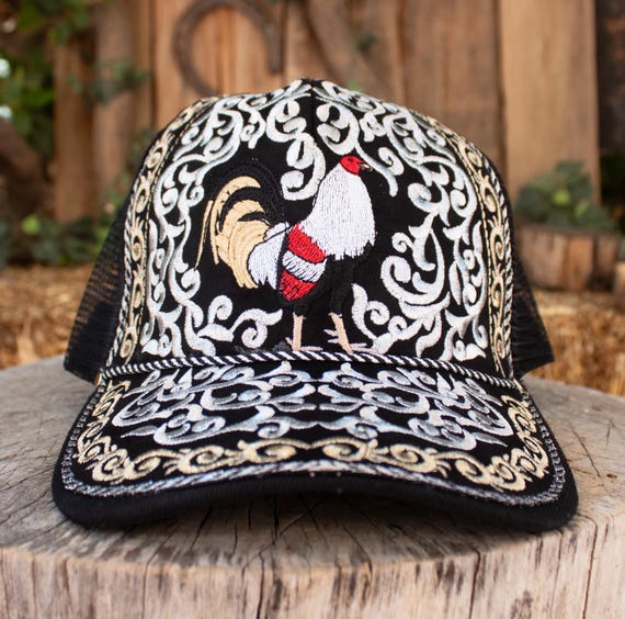 Black Trucker Hat with Embroidered Rooster and Red Accent Stitching NY Rooster Black Embroidered Trucker Hat – MexWest main image 4