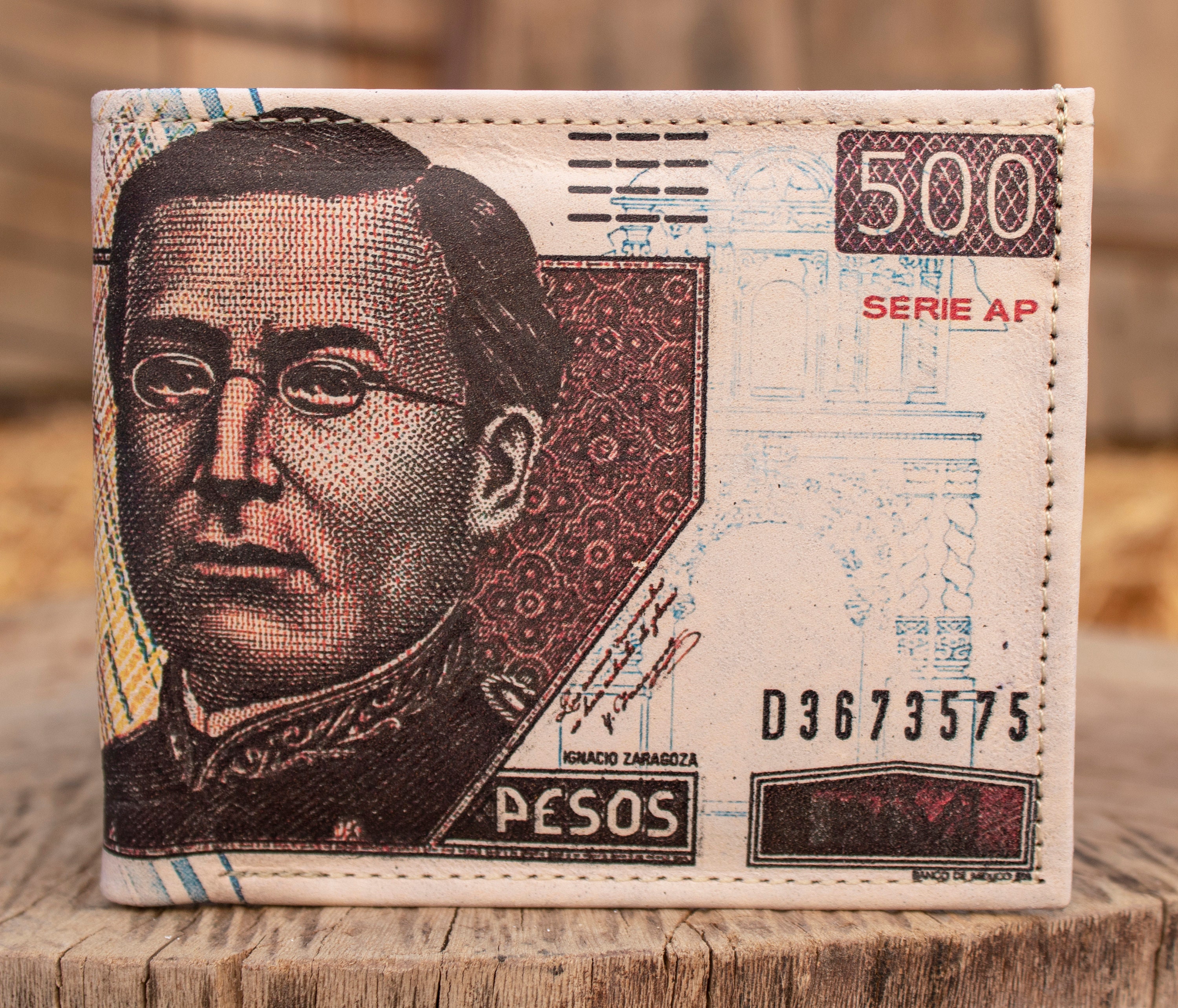 メキシコ 500 ペソ紙幣 メキシコレザー レーザープリント 二つ折り財布