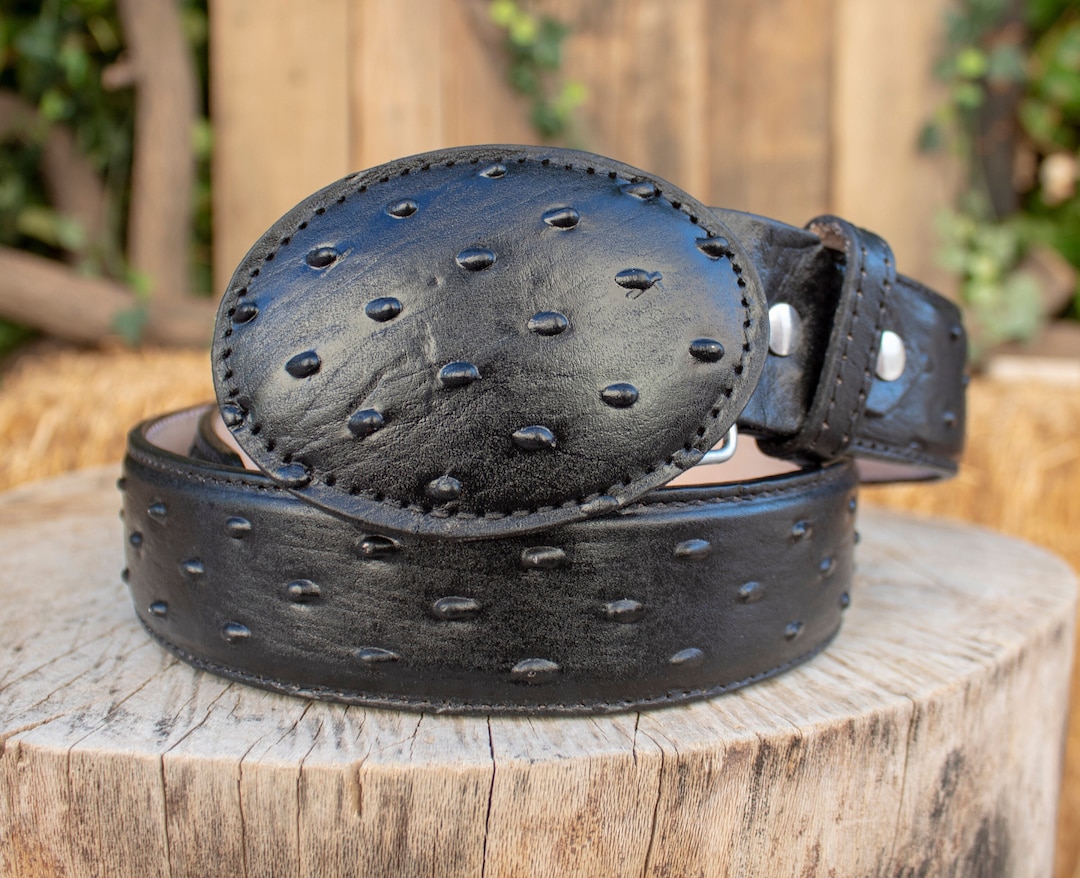 Imitation Ostrich Cowboy Belt Engraved on Cowhide Leather