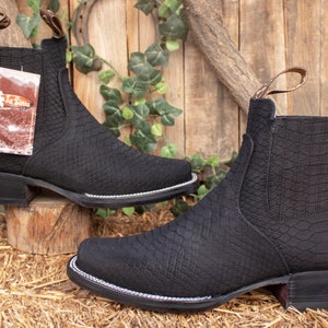 MENS LEATHER COWBOY Nubuck Suede Snake Skin Faux Square Toe Half Boots ...