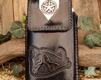 LEATHER HORSE Caballo STAMPED western cowboy rodeo cell phone case pouch with cowhair